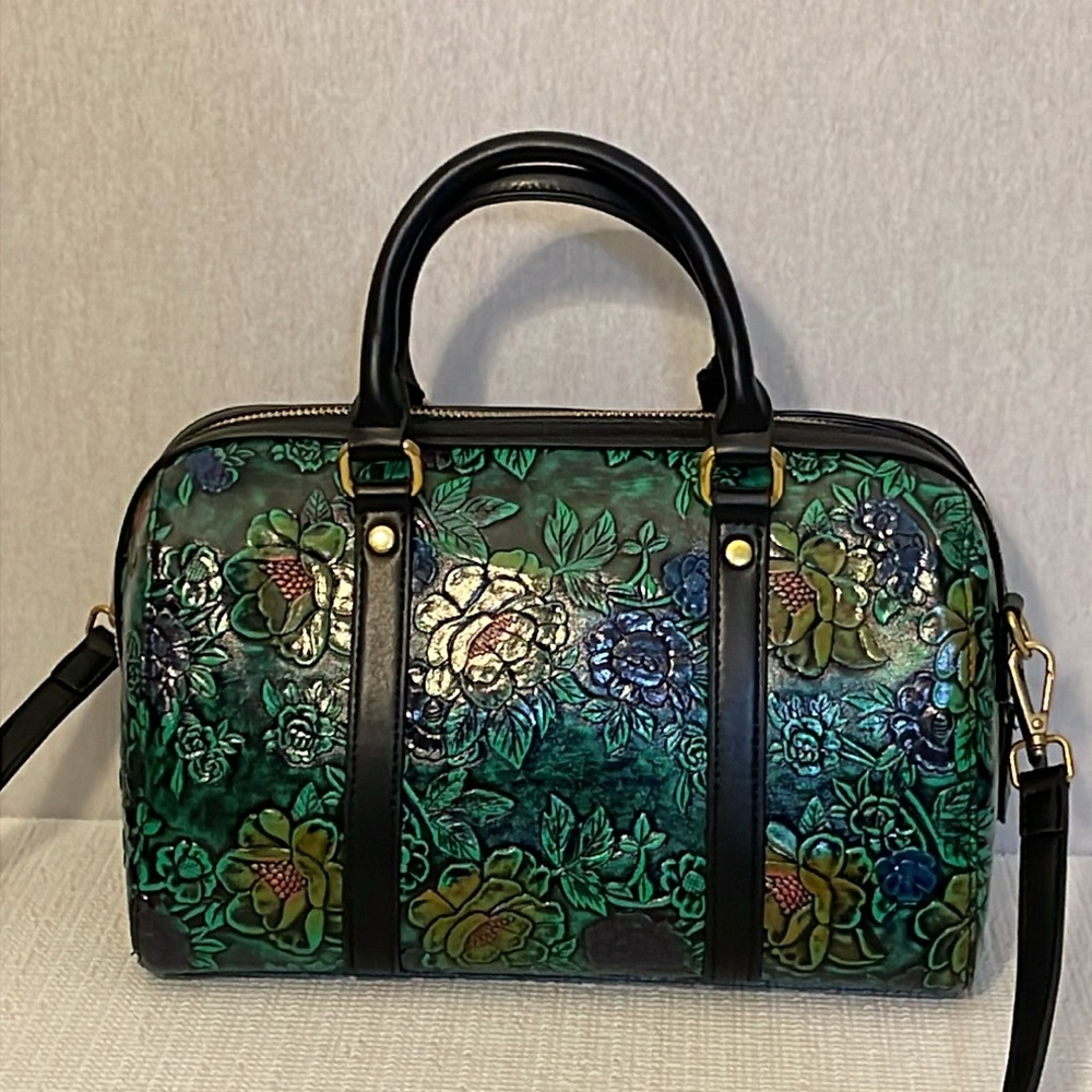 No brand, green & blue, hand/ crossbody embossed floral bag.